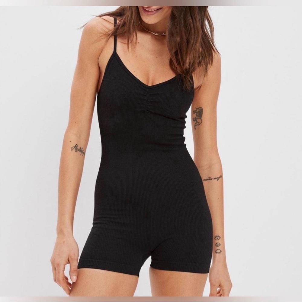 AE Black Ribbed Spaghetti Strap Romper